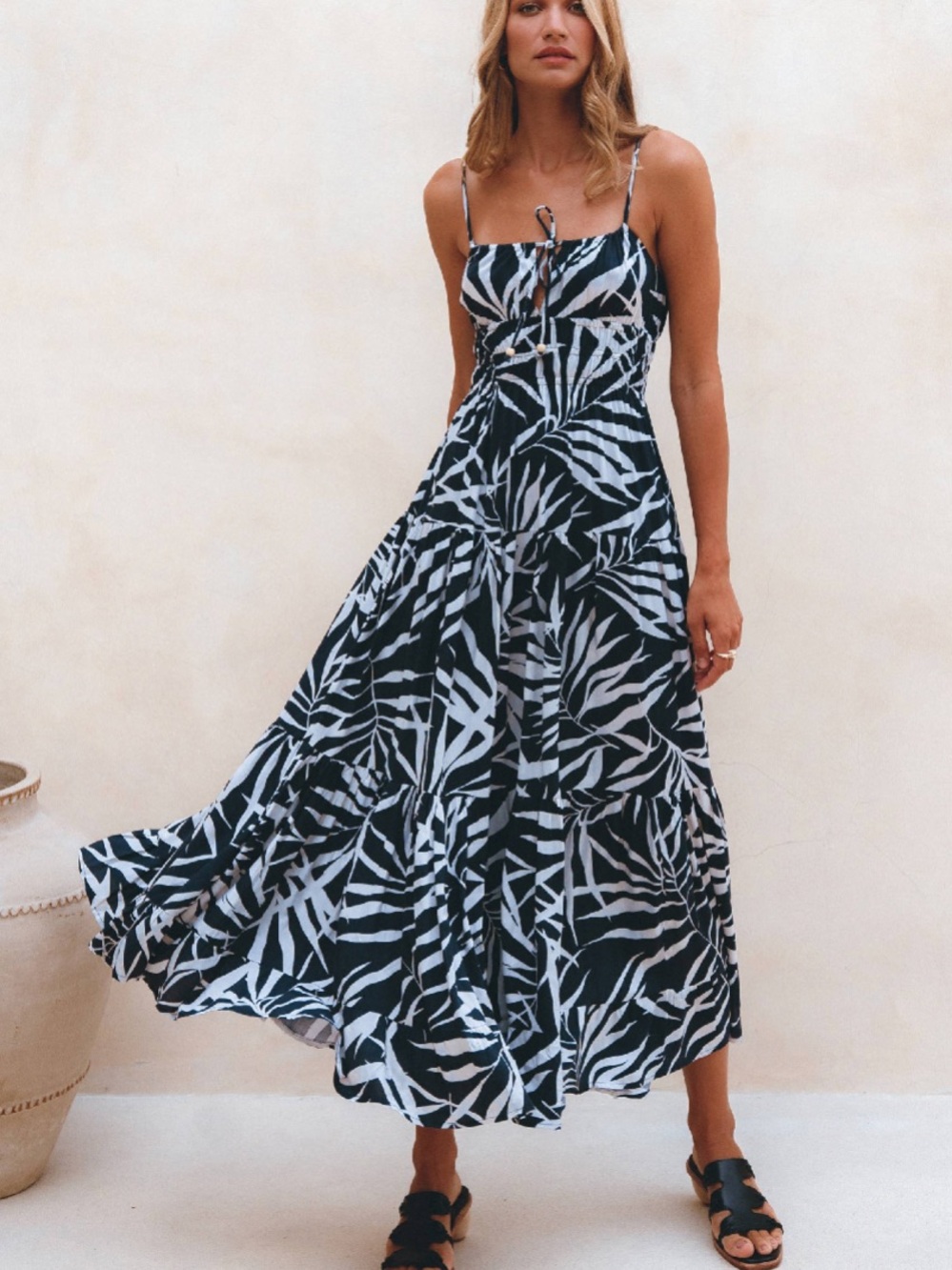 Black & White Printed Spaghetti-Strap Maxi Dress